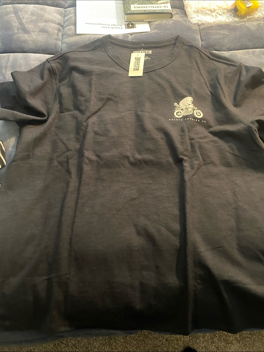 Duluth Trading Co Black Short Sleeve Tee with Small Motorcycle Logo